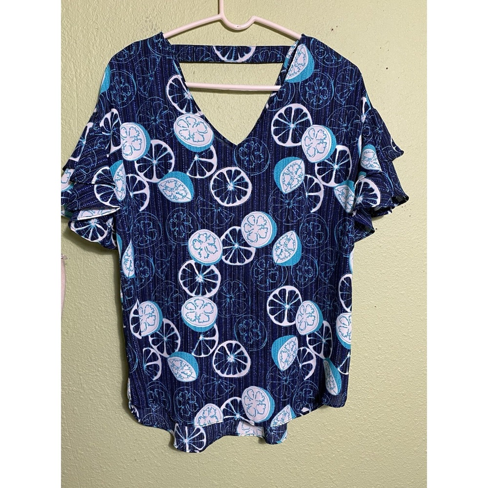 Citrus Lemon Print Apt 9 Womens Flutter Sleeve Blouse Polyester M Blue Multi‎